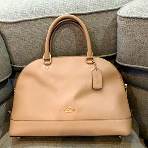 Coach tan satchel with detachable long strap with gold accents